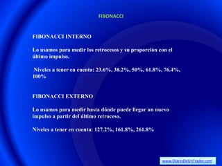 FIBONACCI


FIBONACCI INTERNO

Lo usamos para medir los retrocesos y su proporción con el
último impulso.

Niveles a tener en cuenta: 23.6%, 38.2%, 50%, 61.8%, 76.4%,
100%


FIBONACCI EXTERNO

Lo usamos para medir hasta dónde puede llegar un nuevo
impulso a partir del último retroceso.

Niveles a tener en cuenta: 127.2%, 161.8%, 261.8%




                                                     www.DiarioDeUnTrader.com
 