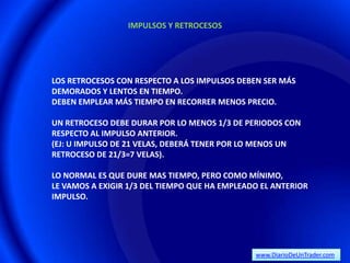 IMPULSOS Y RETROCESOS




LOS RETROCESOS CON RESPECTO A LOS IMPULSOS DEBEN SER MÁS
DEMORADOS Y LENTOS EN TIEMPO.
DEBEN EMPLEAR MÁS TIEMPO EN RECORRER MENOS PRECIO.

UN RETROCESO DEBE DURAR POR LO MENOS 1/3 DE PERIODOS CON
RESPECTO AL IMPULSO ANTERIOR.
(EJ: U IMPULSO DE 21 VELAS, DEBERÁ TENER POR LO MENOS UN
RETROCESO DE 21/3=7 VELAS).

LO NORMAL ES QUE DURE MAS TIEMPO, PERO COMO MÍNIMO,
LE VAMOS A EXIGIR 1/3 DEL TIEMPO QUE HA EMPLEADO EL ANTERIOR
IMPULSO.




                                               www.DiarioDeUnTrader.com
 