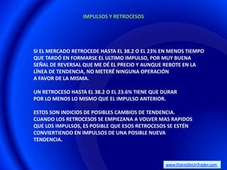 IMPULSOS Y RETROCESOS




SI EL MERCADO RETROCEDE HASTA EL 38.2 O EL 23% EN MENOS TIEMPO
QUE TARDÓ EN FORMARSE EL ULTIMO IMPULSO, POR MUY BUENA
SEÑAL DE REVERSAL QUE ME DÉ EL PRECIO Y AUNQUE REBOTE EN LA
LÍNEA DE TENDENCIA, NO METERÉ NINGUNA OPERACIÓN
A FAVOR DE LA MISMA.

UN RETROCESO HASTA EL 38.2 O EL 23.6% TIENE QUE DURAR
POR LO MENOS LO MISMO QUE EL IMPULSO ANTERIOR.

ESTOS SON INDICIOS DE POSIBLES CAMBIOS DE TENDENCIA.
CUANDO LOS RETROCESOS SE EMPIEZANA A VOLVER MAS RAPIDOS
QUE LOS IMPULSOS, ES POSIBLE QUE ESOS RETROCESOS SE ESTÉN
CONVIERTIENDO EN IMPULSOS DE UNA POSIBLE NUEVA
TENDENCIA.



                                                www.DiarioDeUnTrader.com
 