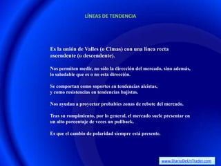 LÍNEAS DE TENDENCIA




Es la unión de Valles (o Cimas) con una línea recta
ascendente (o descendente).

Nos permiten medir, no sólo la dirección del mercado, sino además,
lo saludable que es o no esta dirección.

Se comportan como soportes en tendencias alcistas,
y como resistencias en tendencias bajistas.

Nos ayudan a proyectar probables zonas de rebote del mercado.

Tras su rompimiento, por lo general, el mercado suele presentar en
un alto porcentaje de veces un pullback.

Es que el cambio de polaridad siempre está presente.




                                                       www.DiarioDeUnTrader.com
 