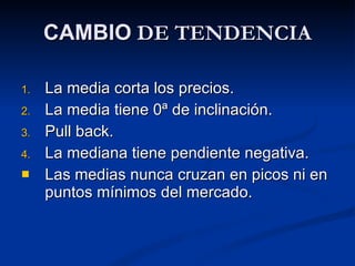 CAMBIO  DE TENDENCIA La media corta los precios. La media tiene 0ª de inclinación. Pull back. La mediana tiene pendiente negativa. Las medias nunca cruzan en picos ni en puntos mínimos del mercado. 