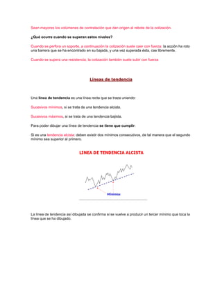Sean mayores los volúmenes de contratación que dan origen al rebote de la cotización.

¿Qué ocurre cuando se superan estos niveles?

Cuando se perfora un soporte, a continuación la cotización suele caer con fuerza: la acción ha roto
una barrera que se ha encontrado en su bajada, y una vez superada ésta, cae libremente.

Cuando se supera una resistencia, la cotización también suele subir con fuerza




                                    Líneas de tendencia



Una línea de tendencia es una línea recta que se traza uniendo:

Sucesivos mínimos, si se trata de una tendencia alcista.

Sucesivos máximos, si se trata de una tendencia bajista.

Para poder dibujar una línea de tendencia se tiene que cumplir:

Si es una tendencia alcista: deben existir dos mínimos consecutivos, de tal manera que el segundo
mínimo sea superior al primero.




La línea de tendencia así dibujada se confirma si se vuelve a producir un tercer mínimo que toca la
línea que se ha dibujado.
 
