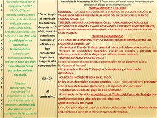 13 SEP 2000 Y 0 9 OCT 2000 *De conformidad con el programa ESCUELA PRODUCTIVA en temporalidad y número de horas, ésta deberá ser evaluada por una comisión bipartita Secretaría de Educación-Sección 16 del SNTE,  con la participación de docentes de telesecundarias . *La evaluación mencionada deberá realizarse  cada dos años o cuando una de las partes lo considere necesario. * Según el comportamiento económico y el crecimiento del nivel, podrá revisarse éste programa,  mínimo cada dos años,  o cuando cualquiera de las partes lo solicite. (…) *De no ser por el interés de los docentes, después de 10 años, nuestras autoridades sindicales y oficiales no han considerado importante  asegurar esta compensación (EP - 07) Al contrario… A espaldas de los maestros SEJ-SNTE  firman minutas y crean nuevos lineamientos que condicionan el pago de esta compensación: “ NUEVA MINUTA” 11 feb. 2010 SEGUNDO .-  PARA QUE SE LE CONCEDA EL BENEFICIO DE LA COMPENSACIÓN,  EL TRABAJADOR DEBERÁ PRESENTAR AL INICIO DEL CICLO ESCOLAR EL PLAN DE TRABAJO ANUAL,  (…) TERCERO .-   RECIBIRÁ LA COMPENSACIÓN, EL TRABAJADOR QUE REALICE LAS ACTIVIDADES PLANEADAS, EVALÚE LOS AVANCES Y PRESENTE, BIMESTRALMENTE, MUESTRAS DEL TRABAJO DESARROLLADO Y ENTREGUE UN INFORME AL FIN DEL CICLO ESCOLAR. “ NUEVOS LINEAMIENTOS” 2. EL PAGO DEL CONCEPTO “EP”, SE ENCUENTRA DETERMINADO POR LOS SIGUIENTES REQUISITOS: Presentar el Plan de Trabajo Anual al inicio del ciclo escolar  con base (...) Realice las actividades planeadas, evalúe los avances y presente un informe y muestras del trabajo desarrollado, bimestralmente . IMPROCEDENCIAS PARA SU PAGO Es improcedente el pago de esta compensación en los siguientes casos: B.- Cuando el Personal No presente el Plan de Trabajo, las Evaluaciones y el Informe de Actividades. CASOS DE INCONSISTENCIA EN EL PAGO En los casos de omisión o pagos parciales  (…), el Trabajador deberá  presentar ante el área de Recursos   Humanos  (…), la siguiente documentación: Solicitud por escrito del pago de esta prestación. Constancia de Servicio  expedida por el Titular del Centro de Trabajo  que certifique el periodo laborado por el Trabajador. PRESCRIPCIÓN DEL PAGO La acción para exigir el pago de este concepto,  prescribirá al término de un año , contado a partir de la fecha en que sea devengado. 
