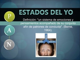 Definición: "un sistema de emociones y
pensamientos acompañado de su conjunto
afín de patrones de conducta". (Berne,
1964).
A
P
N
 