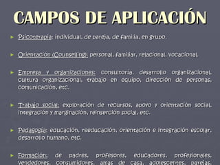 CAMPOS DE APLICACIÓN Psicoterapia : individual, de pareja, de familia, en grupo.   Orientación (Counselling):  personal, familiar, relacional, vocacional. Empresa y organizaciones:  consultoría, desarrollo organizacional, cultura organizacional, trabajo en equipo, dirección de personas, comunicación, etc.   Trabajo social:  exploración de recursos, apoyo y orientación social, integración y marginación, reinserción social, etc.   Pedagogía:  educación, reeducación, orientación e integración escolar, desarrollo humano, etc.   Formación:  de padres, profesores, educadores, profesionales, vendedores, consumidores, amas de casa, adolescentes, parejas, dirigentes, etc.   