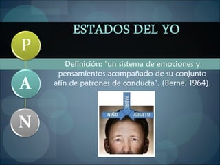 Definición: "un sistema de emociones y pensamientos acompañado de su conjunto afín de patrones de conducta". (Berne, 1964). 