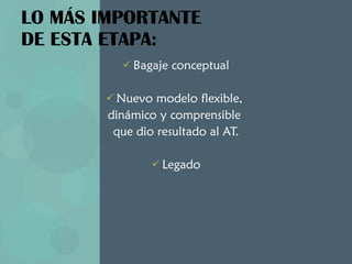 LO MÁS IMPORTANTE  DE ESTA ETAPA: Bagaje conceptual Nuevo modelo flexible,  dinámico y comprensible  que dio resultado al AT. Legado 