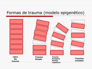 Formas de trauma (modelo epigenético)
Libre
De
trauma
Trauma
Simple
Trauma
Periódico
Similar
repetitivo
Traumas
variados
 