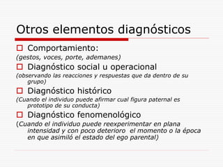Otros elementos diagnósticos
 Comportamiento:
(gestos, voces, porte, ademanes)
 Diagnóstico social u operacional
(observando las reacciones y respuestas que da dentro de su
grupo)
 Diagnóstico histórico
(Cuando el individuo puede afirmar cual figura paternal es
prototipo de su conducta)
 Diagnóstico fenomenológico
(Cuando el individuo puede reexperimentar en plana
intensidad y con poco deterioro el momento o la época
en que asimiló el estado del ego parental)
 