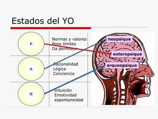 Estados del YO
P
A
N
Normas y valores
Pone límites
Da permisos
Racionalidad
Lógica
Conciencia
Intuición
Emotividad
espontaneidad
neopsique
arqueopsique
exteropsique
 