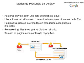 Modos de Presencia en Display
Anuncios Gráficos o Texto
• Palabras clave: según una lista de palabras clave.
• Ubicaciones: en sitios web o en ubicaciones seleccionados de la Red.
• Públicos: a clientes interesados en categorías específicas o
intereses.
• Remarketing: Usuarios que ya visitaron el sitio.
• Temas: en páginas con contenido específico.
 