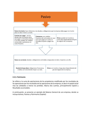 2.2.3. Patrimonio
Se refiere a la suma de aportaciones de los propietarios modificada por los resultados de
las operaciones por los resultados de las operaciones de la empresa, es decir el capital social
mas las utilidades o menos las perdidas. Abarca dos cuentas, principalmente Capital y
Resultados acumulados.
A continuación, se presenta un ejemplo del Balance General de una empresa, donde se
incluye Activos, Pasivos y Patrimonio (Capital):
 