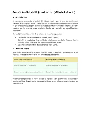 Tema 3: Análisis del flujo de Efectivo (Método Indirecto)
3.1. Introducción
Es importante comprender el análisis del flujo de efectivo para la toma de decisiones de
inversión, ahorro y gasto frente a condiciones de incertidumbre como parte de la economía,
ya que este es una ayuda para evaluar los flujos que entran y salen de la empresa, así como
asegurar que la empresa tenga suficientes fondos para cumplir con sus obligaciones
financieras.
Como objetivos del desarrollo de este tema se tienen los siguientes:
• Determinar la naturalidad de las cuentas (uso – fuente).
• Describir el propósito y el contenido del estado de cuneta de los flujos de efectivo
(método indirecto) al igual que las implicaciones que tienen.
• Desarrollar claramente la distinción entre uso y fuente.
3.2. Fuentes y usos
Describe los cambios netos y no brutos entre dos balances generales comparables en fechas
distintas. Para determinar si es un uso o fuente se puede definir:
Para mejor comprensión, se puede analizar la siguiente tabla que muestra un ejemplo de
cuentas, del libro de Van Horne, que su variación de un periodo a otro determinan si son
fuentes o usos.
 