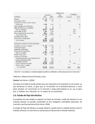 Tabla No 1, Balance General fuentes y usos
Fuente: Van Horne J, (2010)
Con base en la tabla se puede señalar que una reducción en el inventario es una fuente ya
que pertenece al activo, al igual que un incremento en el préstamo bancario a corto
plazo (pasivo). Un incremento en la inversión a largo plazo (activo) es un uso al igual
que si hubiese una reducción en el capital de los accionistas.
3.3. Estado de flujo del efectivo
El propósito de este estado es reportar los flujos de entrada y salida de efectivo en una
empresa durante un periodo, clasificados en tres categorías: actividades operativas, de
inversión y de financiamiento (Van Horne, 2010).
El estado de flujo del efectivo se puede elaborar usando tanto el método directo como el
método indirecto, en este tema se utilizará para el desarrollo el método indirecto.
 