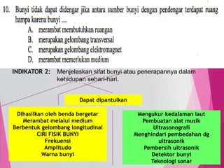 TedY
SKL 4: 3 INDIKATOR
SKL : Memahami konsep-konsep dan penerapan, getaran, gelombang,
bunyi, dan optik dalam produk teknologi seharihari.
INDIKATOR 2: Menjelaskan sifat bunyi atau penerapannya dalam
kehidupan sehari-hari.
C1PENGETAHUAN/
C2 PEMAHAMAN
MENJELASKAN,
menerangkan
menyimpulkan
C3 MENERAPKAN
Dihasilkan oleh benda bergetar
Merambat melalui medium
Berbentuk gelombang longitudinal
CIRI FISIK BUNYI
Frekuensi
Amplitudo
Warna bunyi
Dapat dipantulkan
Mengukur kedalaman laut
Pembuatan alat musik
Ultrasonografi
Menghindari pembedahan dg
ultrasonik
Pembersih ultrasonik
Detektor bunyi
Teknologi sonar
10
 