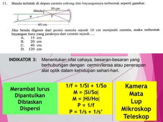 TedY
SKL 4: 3 INDIKATOR
SKL : Memahami konsep-konsep dan penerapan, getaran, gelombang,
bunyi, dan optik dalam produk teknologi seharihari.
INDIKATOR 3: Menentukan sifat cahaya, besaran-besaran yang
berhubungan dengan cermin/lensa atau penerapan
alat optik dalam kehidupan sehari-hari.
C3 PENERAPAN
MENENTUKAN,
MENERAPKAN,
menghitung,
menggambarkan,
memodifikasi, meramalkan
1/f = 1/Si + 1/So
M = Si/So
M = Hi/Ho
P = 1/f
P = 1/s + 1/s’
Kamera
Mata
Lup
Mikroskop
Teleskop
Merambat lurus
Dipantulkan
Dibiaskan
Dispersi
11
 