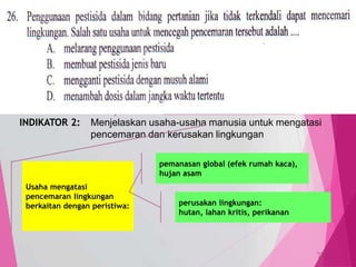 TedY
SKL 11: 3 INDIKATOR
SKL : Mendeskripsikan komponen ekosistem, interaksi antarmakhluk
hidup dalam lingkungan, serta peran manusia dalam
pengelolaan lingkungan.
INDIKATOR 2: Menjelaskan usaha-usaha manusia untuk mengatasi
pencemaran dan kerusakan lingkungan
27
C1 PENGETAHUAN/
C2 PEMAHAMAN
MENJELASKAN, menerangkan
menyimpulkan
Usaha mengatasi
pencemaran lingkungan
berkaitan dengan peristiwa:
pemanasan global (efek rumah kaca),
hujan asam
perusakan lingkungan:
hutan, lahan kritis, perikanan
 