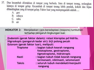 TedY
SKL 13: 3 INDIKATOR
SKL : Menjelaskan sistem organ dalam kehidupan tumbuhan
INDIKATOR 2: Menjelaskan cara beradaptasi (respons) tumbuhan
terhadap pengaruh lingkungan luar.
36
C1 PENGETAHUAN/
C2 PEMAHAMAN
MENJELASKAN, menerangkan
menyimpulkan
Endonom (gerak faktor dalam): rotasi kloroplas pd hidrila.
Higroskopis (pengaruh kadar air): biji polong pecah
Esionom (gerak faktor luar), meliputi:
Tropisme : bagian tubuh kearah rangsang
fototopisme, geotropisme,
tigmotropisme, hidrotropis
Nasti : bagian tubuh tidak kearah rangsang
termonasti, niktinasti, seismonasti
Taksis : seluruh tubuh mendekati/menjauhi
rangsang
 