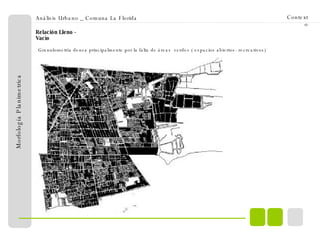 Análisis Urbano _ Comuna La Florida Contexto Relación Lleno - Vacío Morfología Planimetrica Granulometría densa principalmente por la falta de áreas  verdes ( espacios abiertos- recreativos)  
