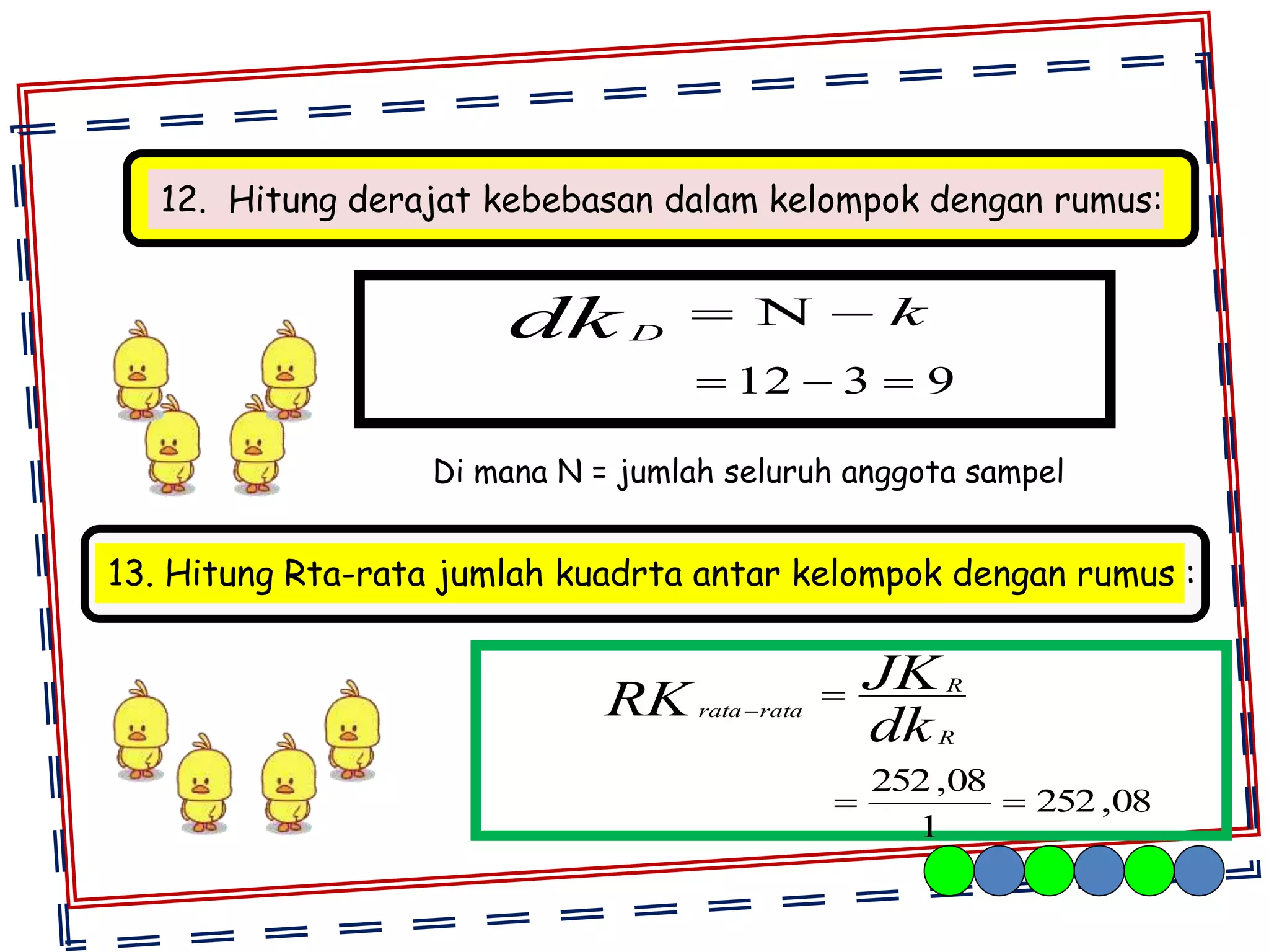 12. Hitung derajat kebebasan dalam kelompok dengan rumus:
kdk D

13. Hitung Rta-rata jumlah kuadrta antar kelompok dengan rumus :
Di mana N = jumlah seluruh anggota sampel
dk
JK
RK
R
R
ratarata

9312 
08,252
1
08,252

 