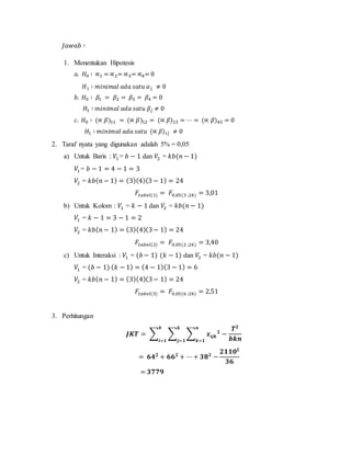 𝐽𝑎𝑤𝑎𝑏 ∶
1. Menentukan Hipotesis
𝑎. 𝐻0 ∶ ∝1 = ∝2= ∝3= ∝4= 0
𝐻1 ∶ 𝑚𝑖𝑛𝑖𝑚𝑎𝑙 𝑎𝑑𝑎 𝑠𝑎𝑡𝑢 𝛼1 ≠ 0
𝑏. 𝐻0 ∶ 𝛽1 = 𝛽2 = 𝛽3 = 𝛽4 = 0
𝐻1 ∶ 𝑚𝑖𝑛𝑖𝑚𝑎𝑙 𝑎𝑑𝑎 𝑠𝑎𝑡𝑢 𝛽𝑗 ≠ 0
𝑐. 𝐻0 ∶ (∝ 𝛽)11 = (∝ 𝛽)12 = (∝ 𝛽)13 = ⋯ = (∝ 𝛽)43 = 0
𝐻1 ∶ 𝑚𝑖𝑛𝑖𝑚𝑎𝑙 𝑎𝑑𝑎 𝑠𝑎𝑡𝑢 (∝ 𝛽) 𝑖𝑗 ≠ 0
2. Taraf nyata yang digunakan adalah 5% = 0,05
a) Untuk Baris : 𝑉1= 𝑏 − 1 dan 𝑉2 = 𝑘𝑏(𝑛 − 1)
𝑉1= 𝑏 − 1 = 4 − 1 = 3
𝑉2 = 𝑘𝑏( 𝑛 − 1) = (3)(4)(3 − 1) = 24
𝐹𝑡𝑎𝑏𝑒𝑙(1) = 𝐹0,05(3 ;24) = 3,01
b) Untuk Kolom : 𝑉1 = 𝑘 − 1 dan 𝑉2 = 𝑘𝑏(𝑛 − 1)
𝑉1 = 𝑘 − 1 = 3 − 1 = 2
𝑉2 = 𝑘𝑏( 𝑛 − 1) = (3)(4)(3− 1) = 24
𝐹𝑡𝑎𝑏𝑒𝑙(2) = 𝐹0,05(2 ;24) = 3,40
c) Untuk Interaksi : 𝑉1 = (𝑏− 1) (𝑘 − 1) dan 𝑉2 = 𝑘𝑏(𝑛 − 1)
𝑉1 = (𝑏 − 1) ( 𝑘 − 1) = (4 − 1)(3 − 1) = 6
𝑉2 = 𝑘𝑏( 𝑛 − 1) = (3)(4)(3− 1) = 24
𝐹𝑡𝑎𝑏𝑒𝑙(3) = 𝐹0,05(6 ;24) = 2,51
3. Perhitungan
𝑱𝑲𝑻 = ∑ ∑ ∑ 𝒙𝒊𝒋𝒌
𝟐
−
𝑻 𝟐
𝒃𝒌𝒏
𝒏
𝒌=𝟏
𝒌
𝒋=𝟏
𝒃
𝒊=𝟏
= 𝟔𝟒 𝟐
+ 𝟔𝟔 𝟐
+ ⋯+ 𝟑𝟖 𝟐
−
𝟐𝟏𝟏𝟎 𝟐
𝟑𝟔
= 𝟑𝟕𝟕𝟗
 
