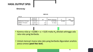 HASIL OUTPUT SPSS
• Karena nilai-p = 0,006 <  = 0,05 maka H0 ditolak sehingga ada
rata-rata yang berbeda.
• Untuk mencari mana rata-rata yang berbeda digunakan analisis
pasca anova (post hoc test).
18
 