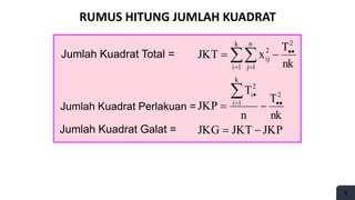 5
RUMUS HITUNG JUMLAH KUADRAT
JKP
JKT
JKG
nk
T
n
T
JKP
nk
T
x
JKT
2
k
1
i
2
i
k
1
i
n
1
j
2
2
ij










 




Jumlah Kuadrat Total =
Jumlah Kuadrat Perlakuan =
Jumlah Kuadrat Galat =
 