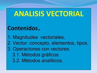 ANALISIS VECTORIAL
Contenidos    .
1. Magnitudes vectoriales,
2. Vector: concepto, elementos, tipos.
3. Operaciones con vectores.
   3.1. Métodos gráficos
   3.2. Métodos analíticos.
 