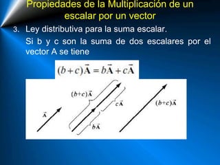 Propiedades de la Multiplicación de un
escalar por un vector
3. Ley distributiva para la suma escalar.
Si b y c son la suma de dos escalares por el
vector A se tiene
 