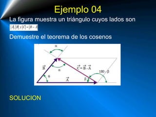 Ejemplo 04
La figura muestra un triángulo cuyos lados son
Demuestre el teorema de los cosenos
SOLUCION
 