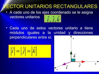 VECTOR UNITARIOS RECTANGULARES
• A cada uno de los ejes coordenado se le asigna
vectores unitarios
• Cada uno de estos vectores unitario a tiene
módulos iguales a la unidad y direcciones
perpendiculares entre sí.
ˆˆ ˆ, ,i j k
ˆˆ ˆi j k= =
 