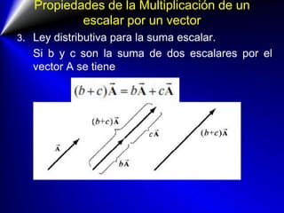 Propiedades de la Multiplicación de un
escalar por un vector
3. Ley distributiva para la suma escalar.
Si b y c son la sum...