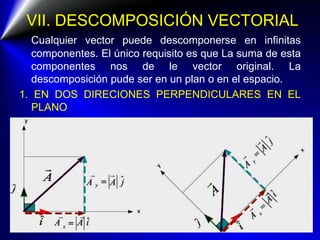 VII. DESCOMPOSICIÓN VECTORIAL
Cualquier vector puede descomponerse en infinitas
componentes. El único requisito es que La ...