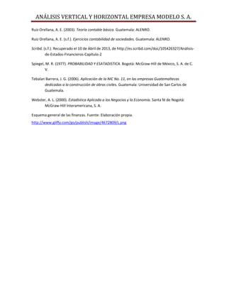 ANÁLISIS VERTICAL Y HORIZONTAL EMPRESA MODELO S. A.
Ruiz Orellana, A. E. (2003). Teoría contable básica. Guatemala: ALENRO.
Ruiz Orellana, A. E. (s.f.). Ejercicios contabilidad de sociedades. Guatemala: ALENRO.
Scribd. (s.f.). Recuperado el 10 de Abril de 2013, de http://es.scribd.com/doc/105426327/Análisis-
de-Estados-Financieros-Capítulo-2
Spiegel, M. R. (1977). PROBABILIDAD Y ESATADISTICA. Bogotá: McGraw-Hill de México, S. A. de C.
V.
Tebalan Barrera, J. G. (2006). Aplicación de la NIC No. 11, en las empresas Guatemaltecas
dedicadas a la construcción de obras civiles. Guatemala: Universidad de San Carlos de
Guatemala.
Webster, A. L. (2000). Estadística Aplicada a los Negocios y la Economía. Santa fé de Nogotá:
McGraw-Hill Interamericana, S. A.
Esquema general de las finanzas. Fuente: Elaboración propia.
http://www.gliffy.com/go/publish/image/4672809/L.png
 