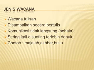 JenisWacanaWacanatulisanDisampaikansecarabertulisKomunikasitidaklangsung (sehala)Sering kali disuntingterlebihdahuluContoh : majalah,akhbar,buku