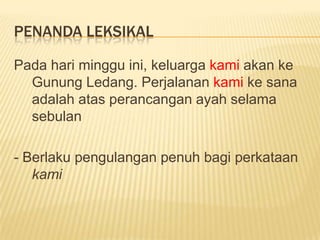 PenandaLeksikalPadaharimingguini, keluargakamiakankeGunungLedang. Perjalanankamikesanaadalahatasperancangan ayah selamasebulan- Berlakupengulanganpenuhbagiperkataankami