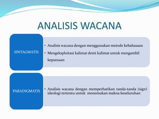 ANALISIS WACANA
• Analisis wacana dengan menggunakan metode kebahasaan
• Mengeksploitasi kalimat demi kalimat untuk mengambil
keputusan
SINTAGMATIS
• Analisis wacana dengan memperhatikan tanda-tanda (sign)
ideologi tertentu untuk menemukan makna keseluruhan
PARADIGMATIS
 