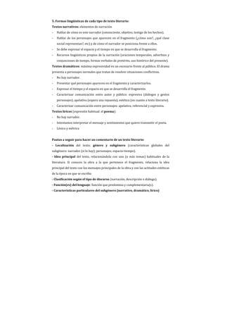 5. Formas lingüísticas de cada tipo de texto literario:
Textos narrativos: elementos de narración
-   Hablar de cómo es este narrador (omnisciente, objetivo, testigo de los hechos).
-   Hablar de los personajes que aparecen en el fragmento (¿cómo son?, ¿qué clase
    social representan?, etc) y de cómo el narrador se posiciona frente a ellos.
-   Se debe expresar el espacio y el tiempo en que se desarrolla el fragmento.
-   Recursos lingüísticos propios de la narración (oraciones temporales, adverbios y
    conjunciones de tiempo, formas verbales de pretérito, uso histórico del presente).
Textos dramáticos: máxima expresividad en un escenario frente al público. El drama
presenta a personajes normales que tratan de resolver situaciones conflictivas.
-   No hay narrador.
-   Presentar qué personajes aparecen en el fragmento y caracterizarlos.
-   Expresar el tiempo y el espacio en que se desarrolla el fragmento.
-   Caracterizar comunicación entre autor y público: expresiva (diálogos y gestos
    personajes), apelativa (espera una repuesta), estética (en cuanto a texto literario).
-   Caracterizar comunicación entre personajes: apelativa, referencial y expresiva.
Textos líricos (expresión habitual: el poema):
-   No hay narrador.
-   Intentamos interpretar el mensaje y sentimientos que quiere transmitir el poeta.
-   Léxico y métrica


Pautas a seguir para hacer un comentario de un texto literario:
- Localización del texto; género y subgénero (características globales del
subgénero: narrador (si lo hay); personajes; espacio-tiempo).
- Idea principal del texto, relacionándola con uno (o más temas) habituales de la
literatura. Si conoces la obra a la que pertenece el fragmento, relaciona la idea
principal del texto con los mensajes principales de la obra y con las actitudes estéticas
de la época en que se escribe.
- Clasificación según el tipo de discurso (narración, descripción o diálogo).
- Función(es) del lenguaje: función que predomina y complementaria(s).
- Características particulares del subgénero (narrativo, dramático, lírico)
 