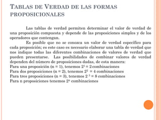 TABLAS DE VERDAD DE LAS FORMAS
PROPOSICIONALES
Las tablas de verdad permiten determinar el valor de verdad de
una proposición compuesta y depende de las proposiciones simples y de los
operadores que contengan.
Es posible que no se conozca un valor de verdad específico para
cada proposición; es este caso es necesario elaborar una tabla de verdad que
nos indique todas las diferentes combinaciones de valores de verdad que
pueden presentarse. Las posibilidades de combinar valores de verdad
dependen del número de proposiciones dadas, de esta manera:
Para una proposición (n = 1), tenemos 21 = 2 combinaciones
Para dos proposiciones (n = 2), tenemos 22 = 4 combinaciones
Para tres proposiciones (n = 3), tenemos 2 3 = 8 combinaciones
Para n proposiciones tenemos 2n combinaciones
 