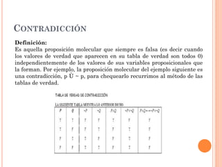 CONTRADICCIÓN
Definición:
Es aquella proposición molecular que siempre es falsa (es decir cuando
los valores de verdad que aparecen en su tabla de verdad son todos 0)
independientemente de los valores de sus variables proposicionales que
la forman. Por ejemplo, la proposición molecular del ejemplo siguiente es
una contradicción, p Ù ~ p, para chequearlo recurrimos al método de las
tablas de verdad.
 