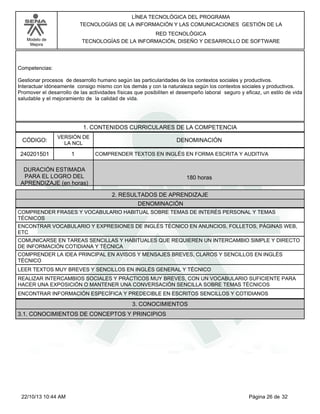 Modelo de
Mejora
LÍNEA TECNOLÓGICA DEL PROGRAMA
TECNOLOGÍAS DE LA INFORMACIÓN Y LAS COMUNICACIONES GESTIÓN DE LA
RED TECNOLÓGICA
TECNOLOGÍAS DE LA INFORMACIÓN, DISEÑO Y DESARROLLO DE SOFTWARE
Competencias:
Gestionar procesos de desarrollo humano según las particularidades de los contextos sociales y productivos.
Interactuar idóneamente consigo mismo con los demás y con la naturaleza según los contextos sociales y productivos.
Promover el desarrollo de las actividades físicas que posibiliten el desempeño laboral seguro y eficaz, un estilo de vida
saludable y el mejoramiento de la calidad de vida.
1. CONTENIDOS CURRICULARES DE LA COMPETENCIA
DENOMINACIÓNCÓDIGO:
240201501
VERSIÓN DE
LA NCL
1
2. RESULTADOS DE APRENDIZAJE
COMPRENDER TEXTOS EN INGLÉS EN FORMA ESCRITA Y AUDITIVA
DURACIÓN ESTIMADA
PARA EL LOGRO DEL
APRENDIZAJE (en horas)
180 horas
DENOMINACIÓN
COMPRENDER FRASES Y VOCABULARIO HABITUAL SOBRE TEMAS DE INTERÉS PERSONAL Y TEMAS
TÉCNICOS
ENCONTRAR VOCABULARIO Y EXPRESIONES DE INGLÉS TÉCNICO EN ANUNCIOS, FOLLETOS, PÁGINAS WEB,
ETC
COMUNICARSE EN TAREAS SENCILLAS Y HABITUALES QUE REQUIEREN UN INTERCAMBIO SIMPLE Y DIRECTO
DE INFORMACIÓN COTIDIANA Y TÉCNICA
COMPRENDER LA IDEA PRINCIPAL EN AVISOS Y MENSAJES BREVES, CLAROS Y SENCILLOS EN INGLÉS
TÉCNICO
LEER TEXTOS MUY BREVES Y SENCILLOS EN INGLÉS GENERAL Y TÉCNICO
REALIZAR INTERCAMBIOS SOCIALES Y PRÁCTICOS MUY BREVES, CON UN VOCABULARIO SUFICIENTE PARA
HACER UNA EXPOSICIÓN O MANTENER UNA CONVERSACIÓN SENCILLA SOBRE TEMAS TÉCNICOS
ENCONTRAR INFORMACIÓN ESPECÍFICA Y PREDECIBLE EN ESCRITOS SENCILLOS Y COTIDIANOS
3. CONOCIMIENTOS
3.1. CONOCIMIENTOS DE CONCEPTOS Y PRINCIPIOS
Página 26 de 3222/10/13 10:44 AM
 