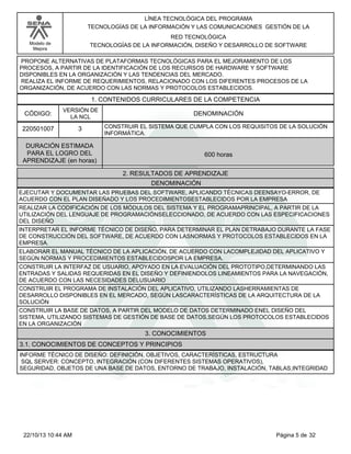 Modelo de
Mejora
LÍNEA TECNOLÓGICA DEL PROGRAMA
TECNOLOGÍAS DE LA INFORMACIÓN Y LAS COMUNICACIONES GESTIÓN DE LA
RED TECNOLÓGICA
TECNOLOGÍAS DE LA INFORMACIÓN, DISEÑO Y DESARROLLO DE SOFTWARE
PROPONE ALTERNATIVAS DE PLATAFORMAS TECNOLÓGICAS PARA EL MEJORAMIENTO DE LOS
PROCESOS, A PARTIR DE LA IDENTIFICACIÓN DE LOS RECURSOS DE HARDWARE Y SOFTWARE
DISPONIBLES EN LA ORGANIZACIÓN Y LAS TENDENCIAS DEL MERCADO.
REALIZA EL INFORME DE REQUERIMIENTOS, RELACIONADO CON LOS DIFERENTES PROCESOS DE LA
ORGANIZACIÓN, DE ACUERDO CON LAS NORMAS Y PROTOCOLOS ESTABLECIDOS.
1. CONTENIDOS CURRICULARES DE LA COMPETENCIA
DENOMINACIÓNCÓDIGO:
220501007
VERSIÓN DE
LA NCL
3
2. RESULTADOS DE APRENDIZAJE
CONSTRUIR EL SISTEMA QUE CUMPLA CON LOS REQUISITOS DE LA SOLUCIÓN
INFORMÁTICA.
DURACIÓN ESTIMADA
PARA EL LOGRO DEL
APRENDIZAJE (en horas)
600 horas
DENOMINACIÓN
EJECUTAR Y DOCUMENTAR LAS PRUEBAS DEL SOFTWARE, APLICANDO TÉCNICAS DEENSAYO-ERROR, DE
ACUERDO CON EL PLAN DISEÑADO Y LOS PROCEDIMIENTOSESTABLECIDOS POR LA EMPRESA
REALIZAR LA CODIFICACIÓN DE LOS MÓDULOS DEL SISTEMA Y EL PROGRAMAPRINCIPAL, A PARTIR DE LA
UTILIZACIÓN DEL LENGUAJE DE PROGRAMACIÓNSELECCIONADO, DE ACUERDO CON LAS ESPECIFICACIONES
DEL DISEÑO
INTERPRETAR EL INFORME TÉCNICO DE DISEÑO, PARA DETERMINAR EL PLAN DETRABAJO DURANTE LA FASE
DE CONSTRUCCIÓN DEL SOFTWARE, DE ACUERDO CON LASNORMAS Y PROTOCOLOS ESTABLECIDOS EN LA
EMPRESA.
ELABORAR EL MANUAL TÉCNICO DE LA APLICACIÓN, DE ACUERDO CON LACOMPLEJIDAD DEL APLICATIVO Y
SEGÚN NORMAS Y PROCEDIMIENTOS ESTABLECIDOSPOR LA EMPRESA.
CONSTRUIR LA INTERFAZ DE USUARIO, APOYADO EN LA EVALUACIÓN DEL PROTOTIPO,DETERMINANDO LAS
ENTRADAS Y SALIDAS REQUERIDAS EN EL DISEÑO Y DEFINIENDOLOS LINEAMIENTOS PARA LA NAVEGACIÓN,
DE ACUERDO CON LAS NECESIDADES DELUSUARIO
CONSTRUIR EL PROGRAMA DE INSTALACIÓN DEL APLICATIVO, UTILIZANDO LASHERRAMIENTAS DE
DESARROLLO DISPONIBLES EN EL MERCADO, SEGÚN LASCARACTERÍSTICAS DE LA ARQUITECTURA DE LA
SOLUCIÓN
CONSTRUIR LA BASE DE DATOS, A PARTIR DEL MODELO DE DATOS DETERMINADO ENEL DISEÑO DEL
SISTEMA, UTILIZANDO SISTEMAS DE GESTIÓN DE BASE DE DATOS,SEGÚN LOS PROTOCOLOS ESTABLECIDOS
EN LA ORGANIZACIÓN
3. CONOCIMIENTOS
3.1. CONOCIMIENTOS DE CONCEPTOS Y PRINCIPIOS
INFORME TÉCNICO DE DISEÑO: DEFINICIÓN, OBJETIVOS, CARACTERÍSTICAS, ESTRUCTURA
SQL SERVER: CONCEPTO, INTEGRACIÓN (CON DIFERENTES SISTEMAS OPERATIVOS),
SEGURIDAD, OBJETOS DE UNA BASE DE DATOS, ENTORNO DE TRABAJO, INSTALACIÓN, TABLAS,INTEGRIDAD
Página 5 de 3222/10/13 10:44 AM
 