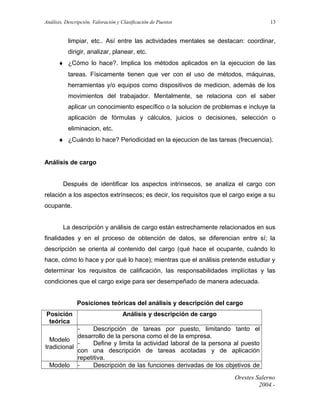 Análisis, Descripción, Valoración y Clasificación de Puestos

13

limpiar, etc.. Así entre las actividades mentales se destacan: coordinar,
dirigir, analizar, planear, etc.
♦ ¿Cómo lo hace?. Implica los métodos aplicados en la ejecucion de las
tareas. Físicamente tienen que ver con el uso de métodos, máquinas,
herramientas y/o equipos como dispositivos de medicion, además de los
movimientos del trabajador. Mentalmente, se relaciona con el saber
aplicar un conocimiento específico o la solucion de problemas e incluye la
aplicación de fórmulas y cálculos, juicios o decisiones, selección o
eliminacion, etc.
♦ ¿Cuándo lo hace? Periodicidad en la ejecucion de las tareas (frecuencia).
Análisis de cargo
Después de identificar los aspectos intrínsecos, se analiza el cargo con
relación a los aspectos extrínsecos; es decir, los requisitos que el cargo exige a su
ocupante.
La descripción y análisis de cargo están estrechamente relacionados en sus
finalidades y en el proceso de obtención de datos, se diferencian entre sí; la
descripción se orienta al contenido del cargo (qué hace el ocupante, cuándo lo
hace, cómo lo hace y por qué lo hace); mientras que el análisis pretende estudiar y
determinar los requisitos de calificación, las responsabilidades implícitas y las
condiciones que el cargo exige para ser desempeñado de manera adecuada.
Posiciones teóricas del análisis y descripción del cargo
Posición
teórica

Análisis y descripción de cargo

Descripción de tareas por puesto, limitando tanto el
desarrollo de la persona como el de la empresa.
Modelo
Define y limita la actividad laboral de la persona al puesto
tradicional
con una descripción de tareas acotadas y de aplicación
repetitiva.
Modelo Descripción de las funciones derivadas de los objetivos de
Orestes Salerno
2004.-

 