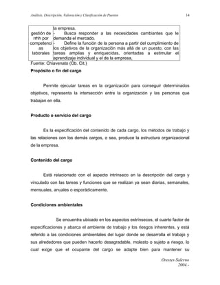Análisis, Descripción, Valoración y Clasificación de Puestos

14

la empresa.
gestión de Busca responder a las necesidades cambiantes que le
rrhh por demanda el mercado.
competenci Define la función de la persona a partir del cumplimiento de
as
los objetivos de la organización más allá de un puesto, con las
laborales tareas amplias y enriquecidas, orientadas a estimular el
aprendizaje individual y el de la empresa,
Fuente: Chiavenato (Ob. Cit.)
Propósito o fin del cargo
Permite ejecutar tareas en la organización para conseguir determinados
objetivos, representa la intersección entre la organización y las personas que
trabajan en ella.
Producto o servicio del cargo
Es la especificación del contenido de cada cargo, los métodos de trabajo y
las relaciones con los demás cargos, o sea, produce la estructura organizacional
de la empresa.
Contenido del cargo
Está relacionado con el aspecto intrínseco en la descripción del cargo y
vinculado con las tareas y funciones que se realizan ya sean diarias, semanales,
mensuales, anuales o esporádicamente.
Condiciones ambientales
Se encuentra ubicado en los aspectos extrínsecos, el cuarto factor de
especificaciones y abarca el ambiente de trabajo y los riesgos inherentes, y está
referido a las condiciones ambientales del lugar donde se desarrolla el trabajo y
sus alrededores que pueden hacerlo desagradable, molesto o sujeto a riesgo, lo
cual exige que el ocupante del cargo se adapte bien para mantener su
Orestes Salerno
2004.-

 