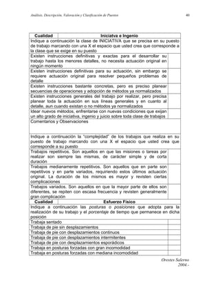 Análisis, Descripción, Valoración y Clasificación de Puestos

40

Cualidad
Iniciatva e Ingenio
Indique a continuación la clase de INICIATIVA que se precisa en su puesto
de trabajo marcando con una X el espacio que usted crea que corresponde a
la clase que se exige en su puesto
Existen instrucciones definitivas y exactas para el desarrollar su
trabajo hasta los menores detalles, no necesita actuación original en
ningún momento
Existen instrucciones definitivas para su actuación, sin embargo se
requiere actuación original para resolver pequeños problemas de
detalle
Existen instrucciones bastante concretas, pero es preciso planear
secuencias de operaciones y adopción de métodos ya normalizados
Existen instrucciones generales del trabajo por realizar, pero precisa
planear toda la actuación en sus líneas generales y en cuanto al
detalle, aun cuando existan o no métodos ya normalizados
Idear nuevos métodos, enfrentarse con nuevas condiciones que exijan
un alto grado de iniciativa, ingenio y juicio sobre toda clase de trabajos
Comentarios y Observaciones
Indique a continuación la “complejidad” de los trabajos que realiza en su
puesto de trabajo marcando con una X el espacio que usted crea que
corresponde a su puesto
Trabajos repetitivos. Son aquellos en que las misiones o tareas por
realizar son siempre las mismas, de carácter simple y de corta
duración
Trabajos medianamente repetitivos. Son aquellos que en parte son
repetitivos y en parte variados, requiriendo estos últimos actuación
original. La duración de los mismos es mayor y revisten ciertas
complicaciones
Trabajos variados. Son aquellos en que la mayor parte de ellos son
diferentes, se repiten con escasa frecuencia y revisten generalmente
gran complicación
Cualidad
Esfuerzo Físico
Indique a continuación las posturas o posiciones que adopta para la
realización de su trabajo y el porcentaje de tiempo que permanece en dicha
posición
Trabaja sentado
Trabaja de pie sin desplazamientos
Trabaja de pie con desplazamientos continuos
Trabaja de pie con desplazamientos intermitentes
Trabaja de pie con desplazamientos esporádicos
Trabaja en posturas forzadas con gran incomodidad
Trabaja en posturas forzadas con mediana incomodidad
Orestes Salerno
2004.-

 