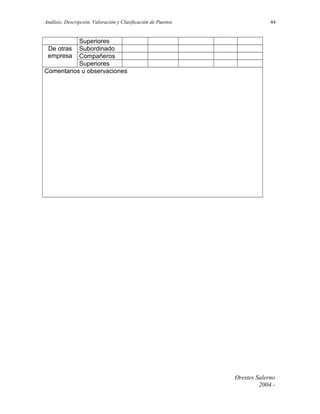 Análisis, Descripción, Valoración y Clasificación de Puestos

44

Superiores
De otras Subordinado
empresa Compañeros
Superiores
Comentarios u observaciones

Orestes Salerno
2004.-

 