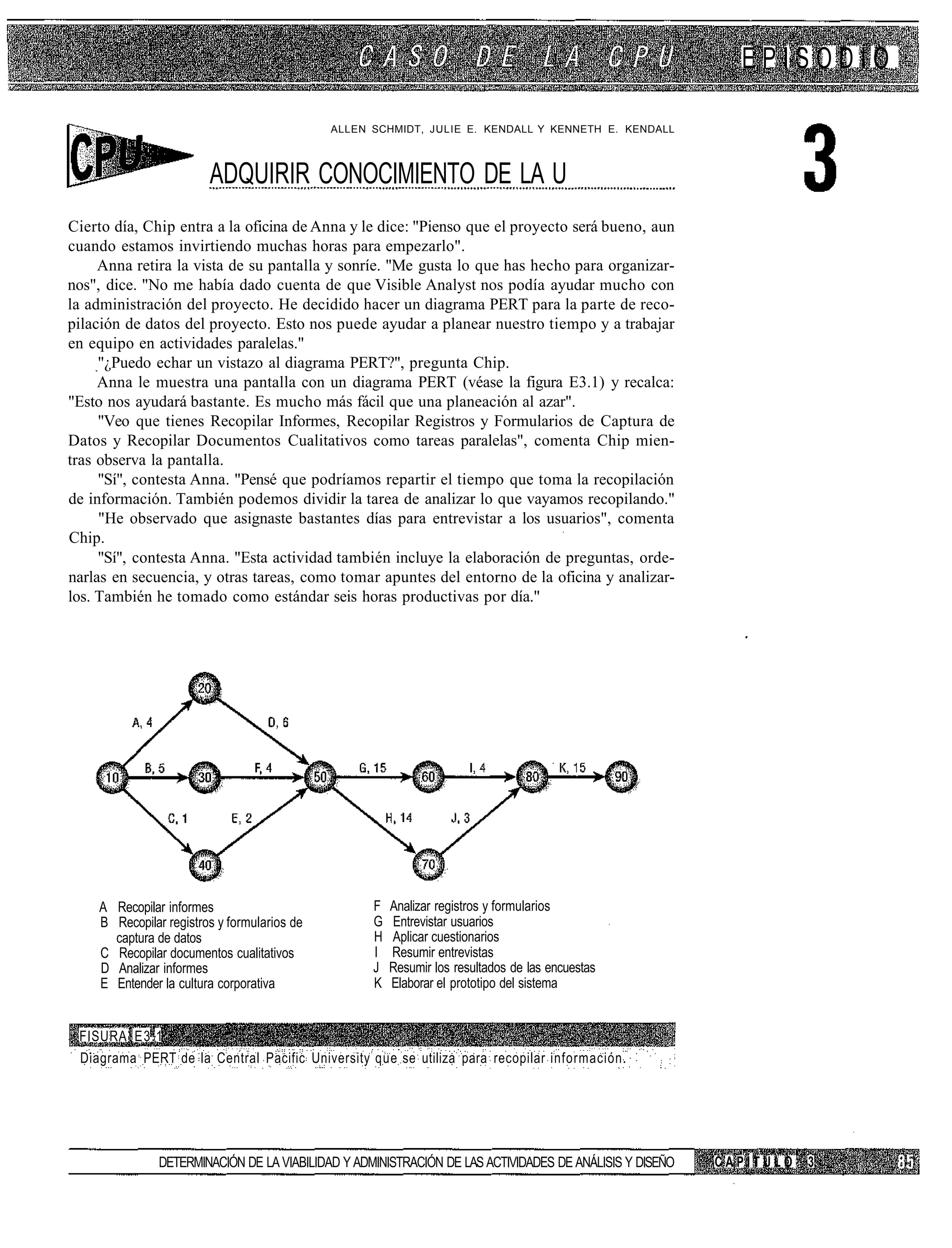 EPISODIO

                                             ALLEN SCHMIDT, JULIE E. KENDALL Y KENNETH E. KENDALL



                        ADQUIRIR CONOCIMIENTO DE LA U
Cierto día, Chip entra a la oficina de Anna y le dice: "Pienso que el proyecto será bueno, aun
cuando estamos invirtiendo muchas horas para empezarlo".
     Anna retira la vista de su pantalla y sonríe. "Me gusta lo que has hecho para organizar-
nos", dice. "No me había dado cuenta de que Visible Analyst nos podía ayudar mucho con
la administración del proyecto. He decidido hacer un diagrama PERT para la parte de reco-
pilación de datos del proyecto. Esto nos puede ayudar a planear nuestro tiempo y a trabajar
en equipo en actividades paralelas."
     "¿Puedo echar un vistazo al diagrama PERT?", pregunta Chip.
     Anna le muestra una pantalla con un diagrama PERT (véase la figura E3.1) y recalca:
"Esto nos ayudará bastante. Es mucho más fácil que una planeación al azar".
     "Veo que tienes Recopilar Informes, Recopilar Registros y Formularios de Captura de
Datos y Recopilar Documentos Cualitativos como tareas paralelas", comenta Chip mien-
tras observa la pantalla.
     "Sí", contesta Anna. "Pensé que podríamos repartir el tiempo que toma la recopilación
de información. También podemos dividir la tarea de analizar lo que vayamos recopilando."
     "He observado que asignaste bastantes días para entrevistar a los usuarios", comenta
Chip.
     "Sí", contesta Anna. "Esta actividad también incluye la elaboración de preguntas, orde-
narlas en secuencia, y otras tareas, como tomar apuntes del entorno de la oficina y analizar-
los. También he tomado como estándar seis horas productivas por día."




    A Recopilar informes                           F   Analizar registros y formularios
    B Recopilar registros y formularios de         G   Entrevistar usuarios
      captura de datos                             H   Aplicar cuestionarios
    C Recopilar documentos cualitativos            I   Resumir entrevistas
    D Analizar informes                            J   Resumir los resultados de las encuestas
    E Entender la cultura corporativa              K   Elaborar el prototipo del sistema


 FISURA E3.1
 Diagrama PERT de la Central Pacific University que se utiliza para recopilar información.




               DETERMINACIÓN DE LA VIABILIDAD Y ADMINISTRACIÓN DE LAS ACTIVIDADES DE ANÁLISIS Y DISEÑO   CAPÍTULO   3
 