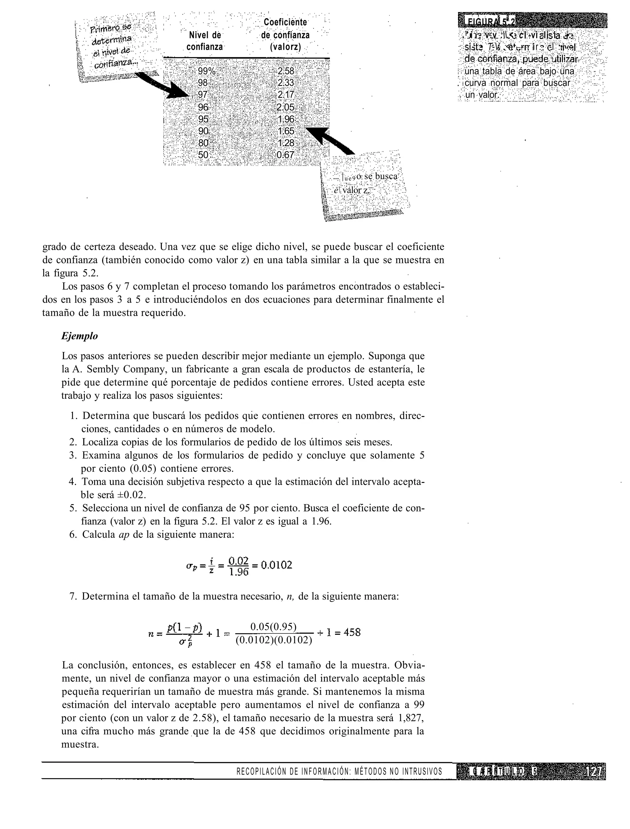 Coeficiente                                        FIGURA 5 . 2
                                 Nivel de        de confianza                                     . ' i . , v.v :.< c -vi I i -•:
                                confianza          (valorz)                                            ' • T-V < ,- ir., -I :• ..

                                  99%                2.58                                          una tabla de área bajo una
                                  98                 2.33                                        . curva normal para buscar
                                  97                 2.17                                          un valor.
                                  96                 2.05
                                  95                 1.96
                                  90                 1.65
                                  80                 1.28
                                  50                 0.67

                                                                   ... | u e 9 o se busca
                                                                    e valor z.




grado de certeza deseado. Una vez que se elige dicho nivel, se puede buscar el coeficiente
de confianza (también conocido como valor z) en una tabla similar a la que se muestra en
la figura 5.2.
     Los pasos 6 y 7 completan el proceso tomando los parámetros encontrados o estableci-
dos en los pasos 3 a 5 e introduciéndolos en dos ecuaciones para determinar finalmente el
tamaño de la muestra requerido.

    Ejemplo
    Los pasos anteriores se pueden describir mejor mediante un ejemplo. Suponga que
    la A. Sembly Company, un fabricante a gran escala de productos de estantería, le
    pide que determine qué porcentaje de pedidos contiene errores. Usted acepta este
    trabajo y realiza los pasos siguientes:
     1. Determina que buscará los pedidos que contienen errores en nombres, direc-
        ciones, cantidades o en números de modelo.
     2. Localiza copias de los formularios de pedido de los últimos seis meses.
     3. Examina algunos de los formularios de pedido y concluye que solamente 5
        por ciento (0.05) contiene errores.
     4. Toma una decisión subjetiva respecto a que la estimación del intervalo acepta-
        ble será ±0.02.
     5. Selecciona un nivel de confianza de 95 por ciento. Busca el coeficiente de con-
        fianza (valor z) en la figura 5.2. El valor z es igual a 1.96.
     6. Calcula ap de la siguiente manera:




      7. Determina el tamaño de la muestra necesario, n, de la siguiente manera:

                                               0.05(0.95)
                                            (0.0102)(0.0102)

    La conclusión, entonces, es establecer en 458 el tamaño de la muestra. Obvia-
    mente, un nivel de confianza mayor o una estimación del intervalo aceptable más
    pequeña requerirían un tamaño de muestra más grande. Si mantenemos la misma
    estimación del intervalo aceptable pero aumentamos el nivel de confianza a 99
    por ciento (con un valor z de 2.58), el tamaño necesario de la muestra será 1,827,
    una cifra mucho más grande que la de 458 que decidimos originalmente para la
    muestra.

                                            RECOPILACIÓN DE INFORMACIÓN: MÉTODOS NO INTRUSIVOS       CAPÍTULO          5
 