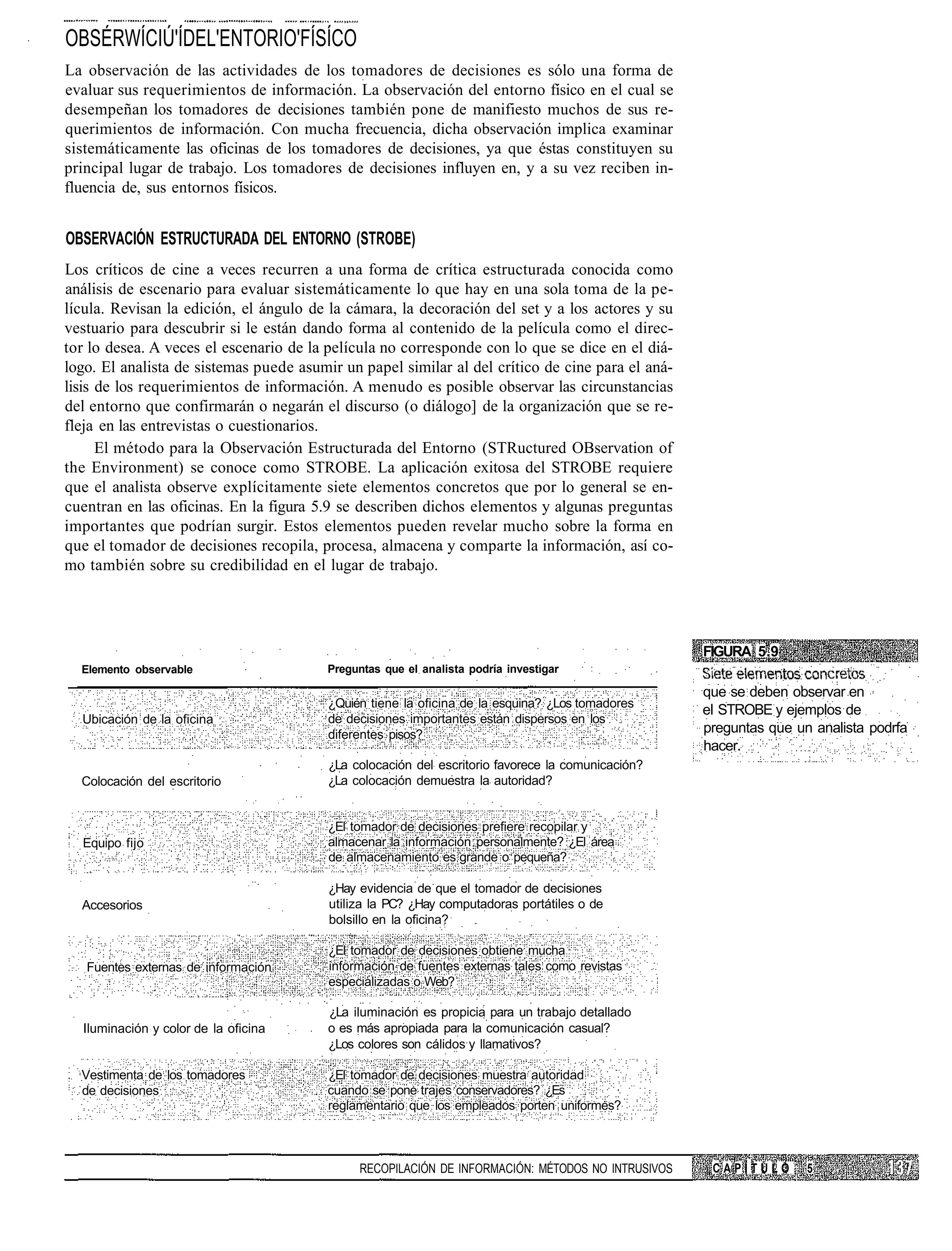 OBSÉRWÍCIÚ'ÍDEL'ENTORIO'FÍSÍCO
La observación de las actividades de los tomadores de decisiones es sólo una forma de
evaluar sus requerimientos de información. La observación del entorno físico en el cual se
desempeñan los tomadores de decisiones también pone de manifiesto muchos de sus re-
querimientos de información. Con mucha frecuencia, dicha observación implica examinar
sistemáticamente las oficinas de los tomadores de decisiones, ya que éstas constituyen su
principal lugar de trabajo. Los tomadores de decisiones influyen en, y a su vez reciben in-
fluencia de, sus entornos físicos.


OBSERVACIÓN ESTRUCTURADA DEL ENTORNO (STROBE)
Los críticos de cine a veces recurren a una forma de crítica estructurada conocida como
análisis de escenario para evaluar sistemáticamente lo que hay en una sola toma de la pe-
lícula. Revisan la edición, el ángulo de la cámara, la decoración del set y a los actores y su
vestuario para descubrir si le están dando forma al contenido de la película como el direc-
tor lo desea. A veces el escenario de la película no corresponde con lo que se dice en el diá-
logo. El analista de sistemas puede asumir un papel similar al del crítico de cine para el aná-
lisis de los requerimientos de información. A menudo es posible observar las circunstancias
del entorno que confirmarán o negarán el discurso (o diálogo] de la organización que se re-
fleja en las entrevistas o cuestionarios.
      El método para la Observación Estructurada del Entorno (STRuctured OBservation of
the Environment) se conoce como STROBE. La aplicación exitosa del STROBE requiere
que el analista observe explícitamente siete elementos concretos que por lo general se en-
cuentran en las oficinas. En la figura 5.9 se describen dichos elementos y algunas preguntas
importantes que podrían surgir. Estos elementos pueden revelar mucho sobre la forma en
que el tomador de decisiones recopila, procesa, almacena y comparte la información, así co-
mo también sobre su credibilidad en el lugar de trabajo.




                                                                                                   FIGURA 5.9
  Elemento observable                    Preguntas que el analista podría investigar

                                                                                                   que se deben observar en
                                         ¿Quién tiene la oficina de la esquina? ¿Los tomadores
                                                                                                   el STROBE y ejemplos de
  Ubicación de la oficina                de decisiones importantes están dispersos en los
                                         diferentes pisos?                                         preguntas que un analista podrfa
                                                                                                   hacer.
                                         ¿La colocación del escritorio favorece la comunicación?
  Colocación del escritorio              ¿La colocación demuestra la autoridad?


                                         ¿El tomador de decisiones prefiere recopilar y
  Equipo fijo                            almacenar la información personalmente? ¿El área
                                         de almacenamiento es grande o pequeña?

                                         ¿Hay evidencia de que el tomador de decisiones
  Accesorios                             utiliza la PC? ¿Hay computadoras portátiles o de
                                         bolsillo en la oficina?

                                         ¿El tomador de decisiones obtiene mucha
   Fuentes externas de información       información de fuentes externas tales como revistas
                                         especializadas o Web?

                                         ¿La iluminación es propicia para un trabajo detallado
  Iluminación y color de la oficina      o es más apropiada para la comunicación casual?
                                         ¿Los colores son cálidos y llamativos?

  Vestimenta de los tomadores            ¿El tomador de decisiones muestra autoridad
  de decisiones                          cuando se pone trajes conservadores? ¿Es
                                         reglamentario que los empleados porten uniformes?



                                              RECOPILACIÓN DE INFORMACIÓN: MÉTODOS NO INTRUSIVOS    CAPÍTULO       5
 