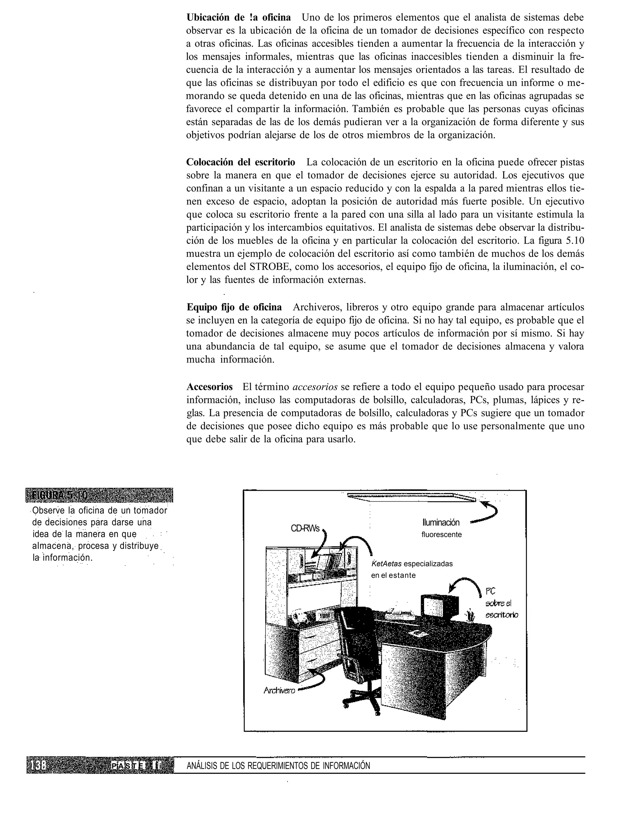 Ubicación de !a oficina Uno de los primeros elementos que el analista de sistemas debe
                                   observar es la ubicación de la oficina de un tomador de decisiones específico con respecto
                                   a otras oficinas. Las oficinas accesibles tienden a aumentar la frecuencia de la interacción y
                                   los mensajes informales, mientras que las oficinas inaccesibles tienden a disminuir la fre-
                                   cuencia de la interacción y a aumentar los mensajes orientados a las tareas. El resultado de
                                   que las oficinas se distribuyan por todo el edificio es que con frecuencia un informe o me-
                                   morando se queda detenido en una de las oficinas, mientras que en las oficinas agrupadas se
                                   favorece el compartir la información. También es probable que las personas cuyas oficinas
                                   están separadas de las de los demás pudieran ver a la organización de forma diferente y sus
                                   objetivos podrían alejarse de los de otros miembros de la organización.

                                   Colocación del escritorio La colocación de un escritorio en la oficina puede ofrecer pistas
                                   sobre la manera en que el tomador de decisiones ejerce su autoridad. Los ejecutivos que
                                   confinan a un visitante a un espacio reducido y con la espalda a la pared mientras ellos tie-
                                   nen exceso de espacio, adoptan la posición de autoridad más fuerte posible. Un ejecutivo
                                   que coloca su escritorio frente a la pared con una silla al lado para un visitante estimula la
                                   participación y los intercambios equitativos. El analista de sistemas debe observar la distribu-
                                   ción de los muebles de la oficina y en particular la colocación del escritorio. La figura 5.10
                                   muestra un ejemplo de colocación del escritorio así como también de muchos de los demás
                                   elementos del STROBE, como los accesorios, el equipo fijo de oficina, la iluminación, el co-
                                   lor y las fuentes de información externas.

                                   Equipo fijo de oficina Archiveros, libreros y otro equipo grande para almacenar artículos
                                   se incluyen en la categoría de equipo fijo de oficina. Si no hay tal equipo, es probable que el
                                   tomador de decisiones almacene muy pocos artículos de información por sí mismo. Si hay
                                   una abundancia de tal equipo, se asume que el tomador de decisiones almacena y valora
                                   mucha información.

                                   Accesorios El término accesorios se refiere a todo el equipo pequeño usado para procesar
                                   información, incluso las computadoras de bolsillo, calculadoras, PCs, plumas, lápices y re-
                                   glas. La presencia de computadoras de bolsillo, calculadoras y PCs sugiere que un tomador
                                   de decisiones que posee dicho equipo es más probable que lo use personalmente que uno
                                   que debe salir de la oficina para usarlo.




Observe la oficina de un tomador
de decisiones para darse una                                                                       Iluminación
                                                            CD-RWs
idea de la manera en que                                                                           fluorescente
almacena, procesa y distribuye
la información.
                                                                                   KetAetas especializadas
                                                                                   en el estante




                  PASTE      li    ANÁLISIS DE LOS REQUERIMIENTOS DE INFORMACIÓN
 